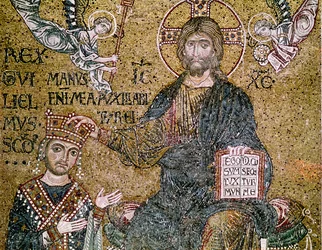 Guillermo II (1154-89), rey de Sicilia, recibe una corona de Cristo